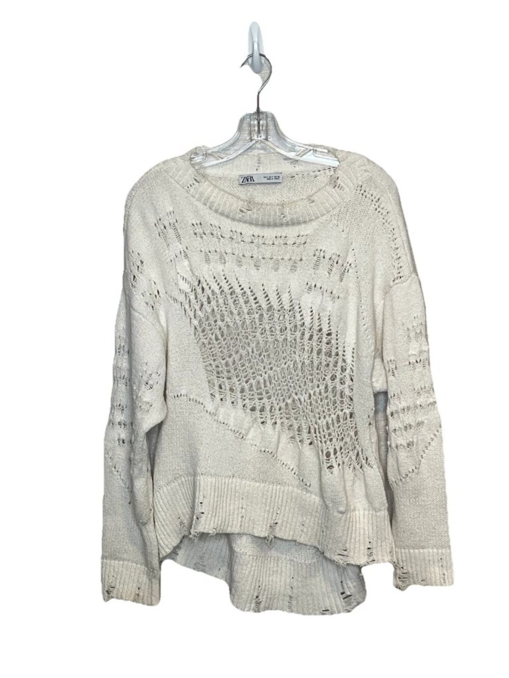 Zara Sz S Distressed Open Knit Sweater Cream High Low Grunge Boho Crochet